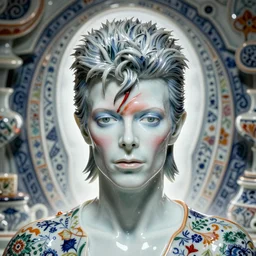 David Bowie from labyrinth , A Close up photo-real delicate ceramic porcelain sculpture of a symmetrical ornate detailed in front of an intricate background by Victo Ngai and takato yamamoto, micro detail, backlit lighting, face in focus, subsurface scattering, translucent, thin porcelain, octane renderer, colorful, physically based rendering, japanese pottery, trending on cgsociety