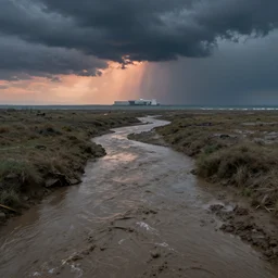 muddy river leads to sea by hiroshi yoshida, marc simonetti, roger deakins, turner, rothko, hyperrealism, cinematic, dramatic storm sunset, distant white concrete spaceport, utopia, matte painting, fluid simulation, tonalism, volumetric light, trending on artstation, cgsociety, high detail concept art, top view, rendered in octane