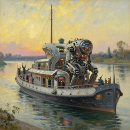 detailed close - up of a side view full shot of a solarpunk futuristic neon robotic cyberpunk steamboat in the senna river, people waving, impressionism, oil on canvas, natural colors, horizon, golden hour, masterpiece, detailed, by gustave caillebotte, wlop, mucha, greg rutkowski