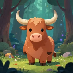 a cartoonish cute anthropomorphic longhorn is in a mystical forest full of wonders, pine trees, magical atmosphere, trending on artstation, 30mm, by Noah Bradley trending on ArtStation, deviantart, high detail, stylized portrait H 704