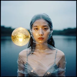 a closeup portrait of a woman wrapped in plastic, standing next to a levitating gold luminescent orb, in a lake, color photograph, by vincent desiderio, canon eos c 3 0 0, ƒ 1. 8, 3 5 mm, 8 k, medium - format print