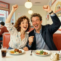 couple at diner, extremely detailed, happy, smiling, cheering, art by Louis Janmot