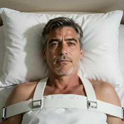 color studio photo of george clooney in a straight jacket, white padded room, closeup