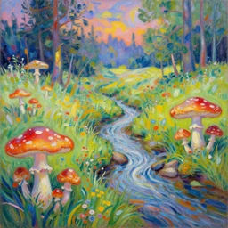 an impressionist painting of a gorgeous meadow with a stream flowing through it surrounded by large mushrooms, psychedelic colors, trending on artstation