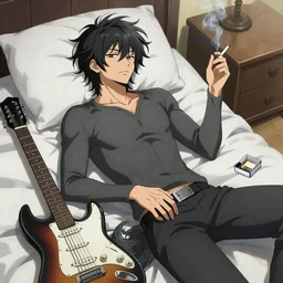 male wolf guitarist with a slim build laying down smoking a cigarette in bed, dark gray fur, messy spiky medium length black hair, guitar on the floor, empty cigarette box on the nightstand, kemono, furry, fursona, anthro, trending on pixiv, hi res, 4k, drawn by Mayu Shinjo