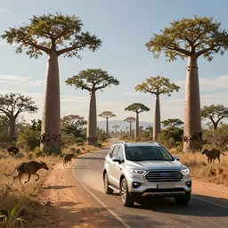 an suv designed by ford driving through madagascar road with baobabs trees, animals running along, artgerm and greg rutkowski and alphonse mucha, an epic fantasy, volumetric light, detailed, establishing shot, an epic fantasy, trending on art station, octane render, midsommar
