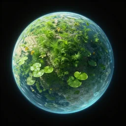 spherical planetary view of a clear water planet with green plants grown throughout and floating on top, realistic, high detail, 4 k, clear water, lily pad, planet, water planet