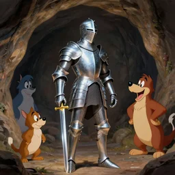 A knight with shining armor and sword in a cave by Claire Keane, Marc Davis, James Baxter and Mark Henn, hyperdetailed, photorealistic