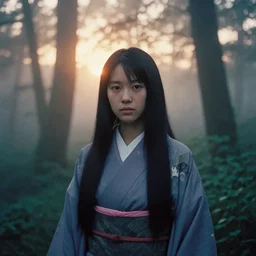 portrait bust of yuri ebihara, rina koike, film grain, kodachrome, dense forest, long black hair, classic kimono, heavy fog, backlit, princess mononoke, 4 k, greg rutkowski, shallow depth of field, dramatic lighting, sunset, hayao miyazaki, masashi ando, nizou yamamoto, kazuo oga