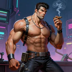 A muscular android smoking a cigar in a cyberpunk setting, by Frank Frazetta, 1980s synthwave color palette, Trending on Artstation, highly detailed,