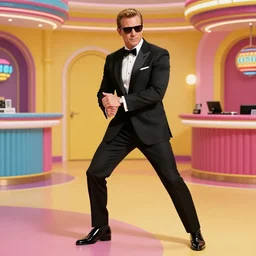 ( james bond ) in bodyguard stance, casino, candy colors cmyk, highly detailed, intricate detail, illustration by tom whalen, by katsuhiro otomo