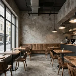 interior design for cafe, brutalism style