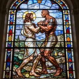 dwayne johnson beating jesus in a stained glass window