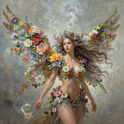 a colorful and provenance illustrations painting of the fantasy female who with floral wing, highly detailed, her hair made of hair made of air wind and curling smoke, mist, dust, genie, spirit fantasy concept art, art by the wings made of flowers, spirit fantasy concept art, art by aenami, alena, afshar, petros and leonid, trending on artstation.