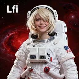 Lofi study playlist of a hopeful pretty astronaut lady with a wavy blonde hair, 4k resolution, nier:automata inspired, bravely default inspired, vibrant but dreary but upflifting red, black and white color scheme!!! ((Space nebula background))