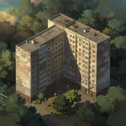 Photo of Soviet apartment building, isometric, Shishkin, Ghibli