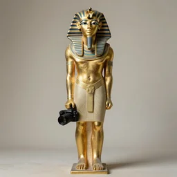full body portrait of an egyptian statue of tutankhamen, sharp focus, volumetric light, pastels lightings, micro details, ( ( ( gold intricate ) ) ) photorealism, crisp, dirty pale background, hasselblad camera, by annie leibovitz
