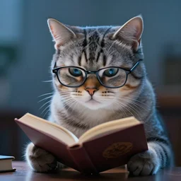 cat wearing glasses while reading a book, dslr, 8 k, octane beautifully detailed render, cold lighting, cinematic lighting, detailed photo, masterpiece, volumetric lighting, ultra realistic, highly detailed, high quality, lossless, photorealistic