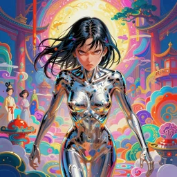 ultra detailed illustration of a angry girl covered in liquid chrome, lost in a dreamy orental realm by Victo Ngai, Andrew Thomas Huang, Ohrai Noriyoshi,, colorful, front view, vivid colors, 8k, coherent, artgerm, uplifting, magical composition, artstation