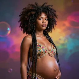 stunning breathtaking portrait of an afro goddess, pregnant, realistic concept art, afrofuturism, braided hair, beautiful volumetric lighting, a vibrant color explosion in bokeh background, trending on artstation, photorealism, smooth