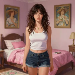 ornella muti, vaporwave, bedroom, highly detailed, digital painting, artstation, concept art, smooth, sharp focus, illustration, art by artgerm and greg rutkowski and alphonse mucha