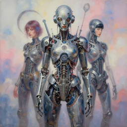 art titled mechanic dream by yoko d'holbachie feat naoto hattori, caitlin hacket and hannah yata featuring archan nair and salviadroid. visionary psychedelic fineart painting. gigapixel resolution. intricate detailed. beautiful dramatic cinematic. in the style of subject zero. hyperrealistic render. dreamy blurry pastel aquarel background.