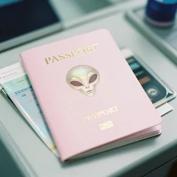 high fidelity film photographic alien study depicting passport control at an unknown airport, travel documents, personal items. iridescent hard surface. pastel pink perspex. three point light. soft focus.