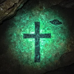 fluo green cave painting of cross and ufos