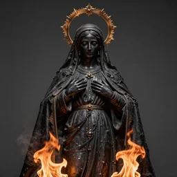 statue of mother mary, black and burned and on fire, ultramax photograph