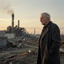a sad solitary old man looks on as in the evening sunlight as in the distance a factory is demolished, in the style of andreas achenbach and anton fadeev
