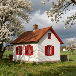 small cottage with red shutters, photography, dreamy, spring