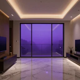 end of the world, view from inside a contemporary apartment, shiny surfaces, marble floor, purple haze outside, 4K
