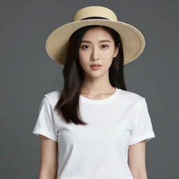 beautiful woman wearing a white T-shirt and a straw hat, medium shot, photography, high quality, studio lighting, 4k,