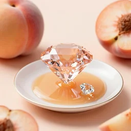 a ( peach color ) diamond rests atop a small puddle of fruit peach juice on a fine china saucer. a diamond in some juice. high quality, product lighting, digital art, photorealistic, ue 5
