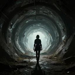 photo wallpaper post - apocalyptic silloutte of a woman walking though a large tunnel exit unreal engine cyberpunk sci - fi game concept nature octane render, 4 khd 3 d cgi rtx style chrome reflexion global illumination ray tracing hdr arstation pixar and disney unreal