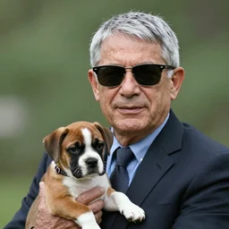 50mm photo, Anthony Fauci wearing sun glasses, holding a boxer puppy