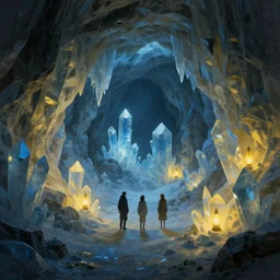 three people exploring an open mysterious underground wintry crystalline glowing dimly - lit rocky ice cave with warm lanterns, blue and ( ( ( ( yellow ) ) ) ) tones, fantasy, concept art, amazing landscape painting, romanticism, geometric crystal structures, digital art, trending on artstation