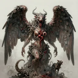 concept art of a impossible big demonic eldritch angel with mismatched animal features with her bloody mouth open wide revealing past victims in the style of zdzisław beksinski in the style of h. r. giger trending on artstation deviantart pinterest furaffinity detailed realistic hd 8 k high resolution