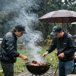 photo of people doing bbq under heavy rain, ultra realistic face detailed eyes