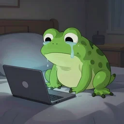 peepo the frog!!!, lying on his bed with a laptop, crying!!!, sad lo-fi vibes, dramatic,