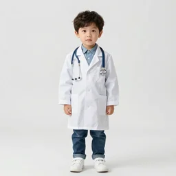 full body photo of a little kid as a doctor, realistic, very detailed face