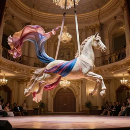 lot of beautiful silks flying on stage in beautiful palace lobby + aerial silks forming horse head + elegant + awe + realistic + insane details + detailed textures + octane render