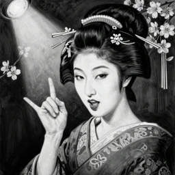 highly detailed black and white realistic painting of a beautiful geisha with cherry blossom, night club, harmony, beautiful face, rule of thirds, spotlight, hand gesture, expressive, passionate, by jenny saville, by greg rutkowski, by lucian freud, by jeremy mann, digital painting, charcoal