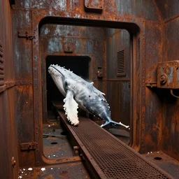 I went down under the hatch and found myself in a big rusty metal room with flecks of some white matter. Then I found my way out. I walked out of the scraped white whale across the metal bridge into the big rusty room.