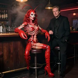 crustacean skinned woman wearing all red, she has claws and lobster segments, and high heels and is probably in a smoky bar with her friend mr wallace