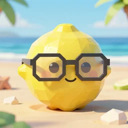 low polygon render of a lemon wearing glasses on the beach