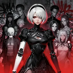 highly detailed portrait of a moody post - cyberpunk android lady with robotic limbs, stray wiring by atey ghailan, james gilleard, by joe fenton, by greg rutkowski, by greg tocchini, by kaws, by kate beaton, by kaethe butcher, 4 k resolution, nier : automata inspired, bravely default inspired, gradient red, black and white color scheme!!! ( ( graffiti tag wall background ) )