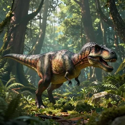 a detailed photograph of a tyrannosaurus rex dinosaur walking through a lush prehistoric forest