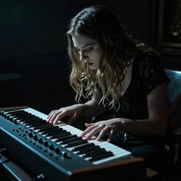 occult photograph of allison brie worshipping a synthesizer