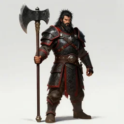 Picture of a single barbarian, clad in black and red armor, with a humongous axe, black messy hair and unkempt beard, artstationHD, Fantasy